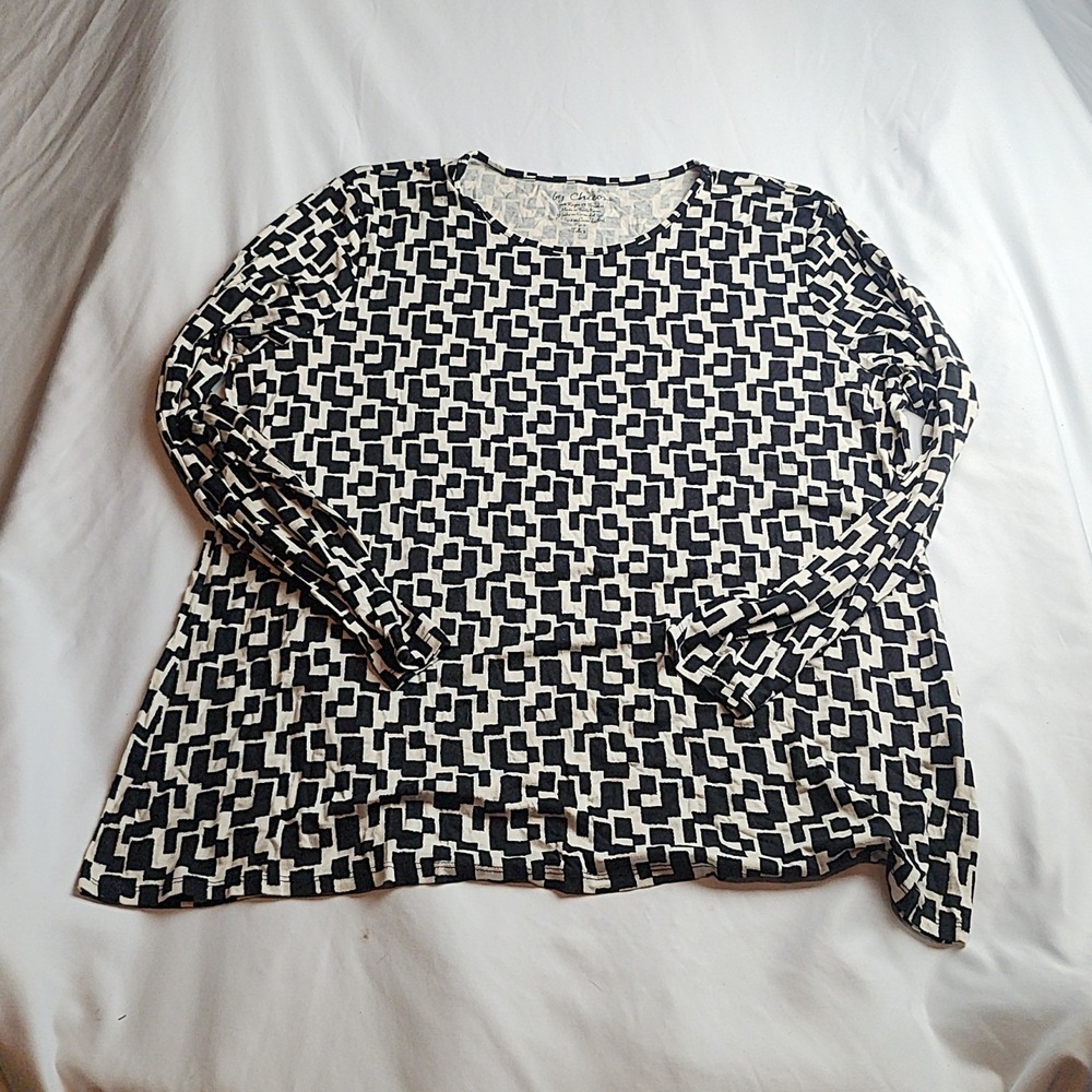 Chico's Long Sleeve Top Black White Geometric Print Rayon Stretch Women's Size 3